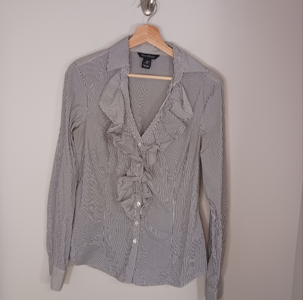White House Black Market Ruffle Cotton Blend Stretch Career Blouse Size 10